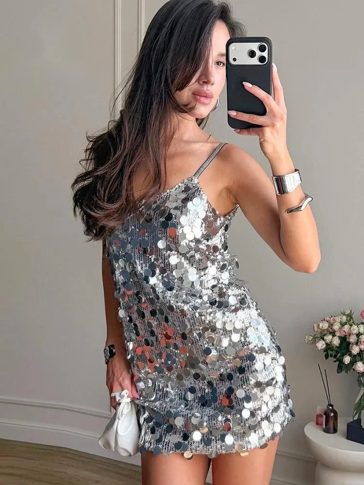 Autumn Strap Sequined Party Short Dress  Women Sleeveless High Quality Luxury Evening Glitter Cocktail Mini Dress