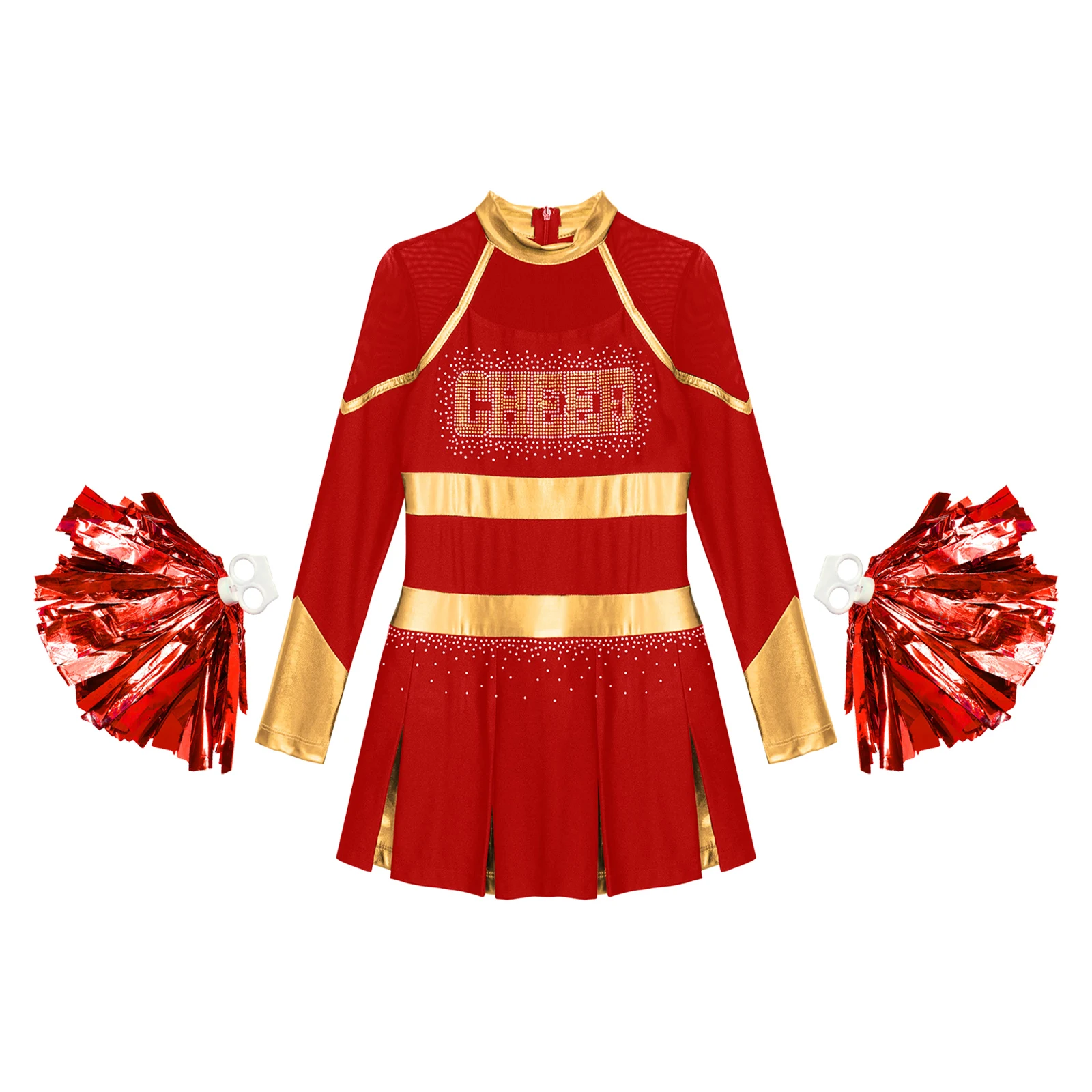 Kinder Mädchen Cheerleading Uniform Cheerleader Tanzkostüm Glitzernde Strasssteine Metallic Plissee Kleid mit 2 Stück Handblumen – Detail 17