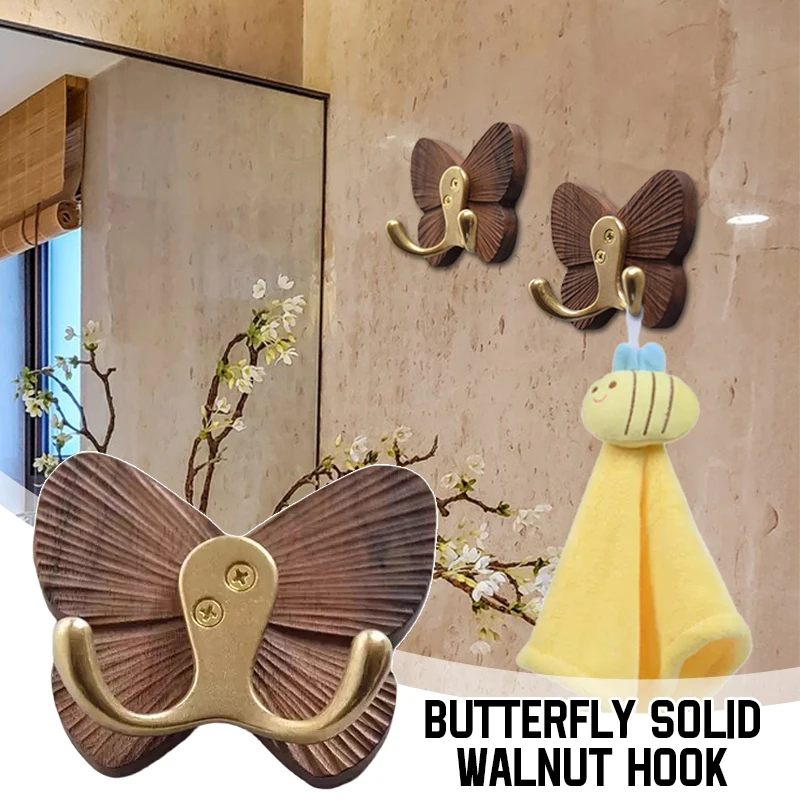 Butterfly Shape Hooks Solid Wood Creative Black Walnut Traceless Adhesive Coat Hat Hanger Black Walnut Robe Clothes Hook