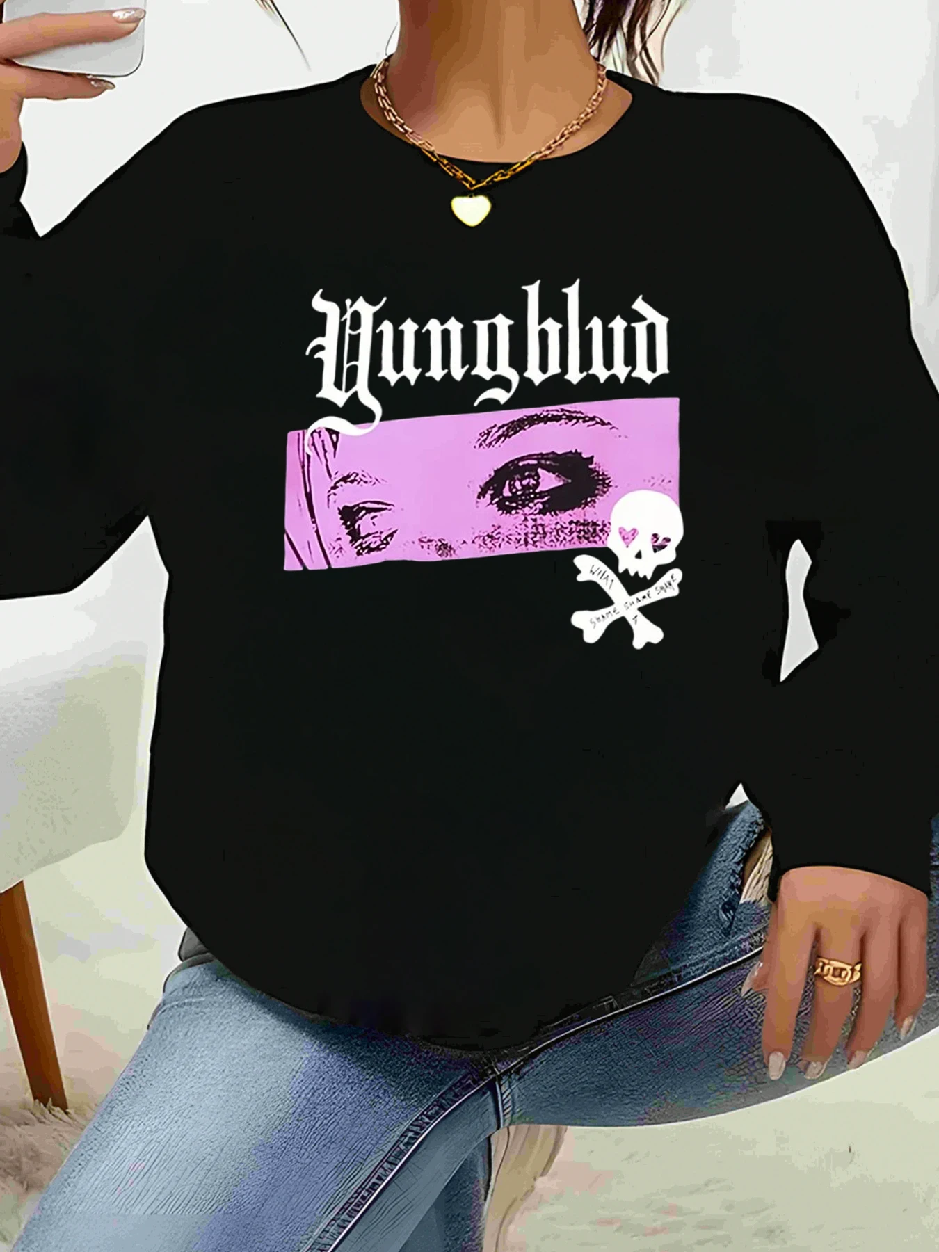 

Yungblud Pink Eye Skull Print Толстовка с круглым вырезом Хэллоуин Повседневная одежда Женская