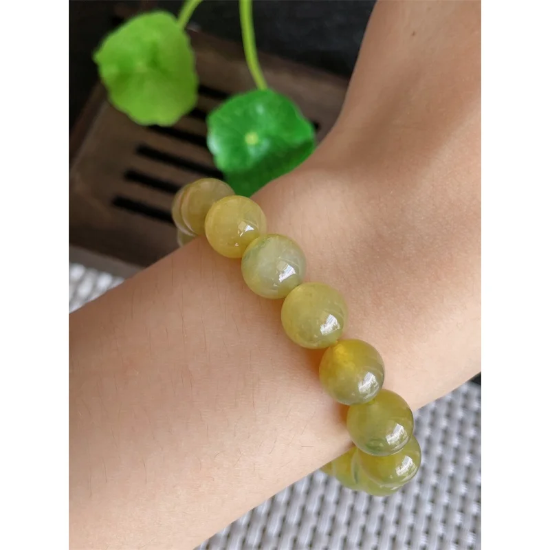 Myanmar Natural a Bracelet Bead Ice-like Yellow Jadeite round Beads Jade 19 35.11G