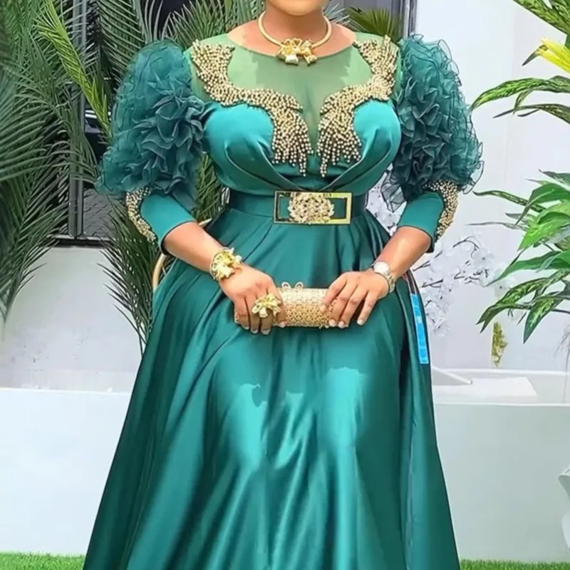فستان نسائي أفريقي للحفلات المسائية فاخر بأكمام من الدانتيل وخصر عالي بالإضافة إلى حجم ثوب أنقرة ملابس زفاف فستان ماكسي إسلامي ترتر