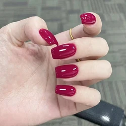 24 Pcs Glossy Medium Square Press On Nails Rose Red Solid Color Fake Nails Artificial Finger Manicure Reusable False Nails