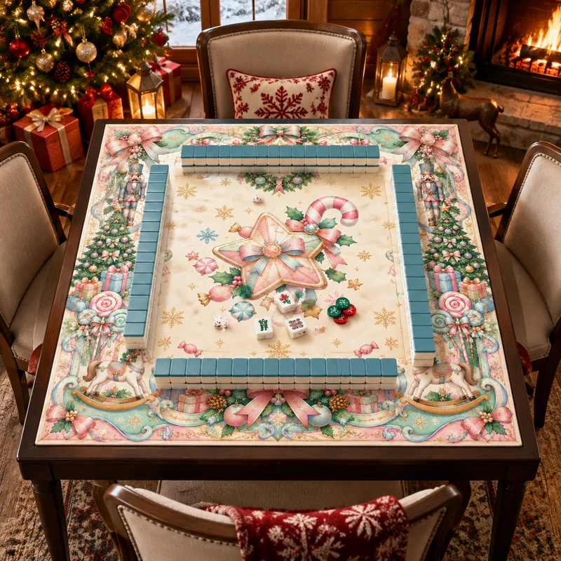 VIKAMA Christmas Pink Green Bows Mahjong Mat Non Slip Washable Table Cover for Living Room Family Game Night Holiday Gift