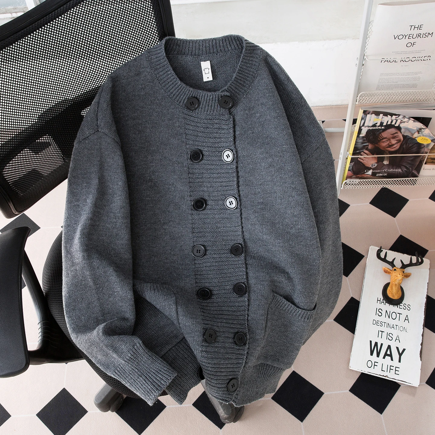 

ay Knitted Double-Row Button Cardigan Sweater Men's Loose Fit Spring Casual Long Sve round Ne Warm Outerwear