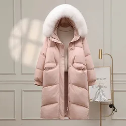 Luxury Real Fox fur collar down Jacket Women's New Winter 2025 Loose Casual Warm White duck down Coat Female Long Parka Overcoat