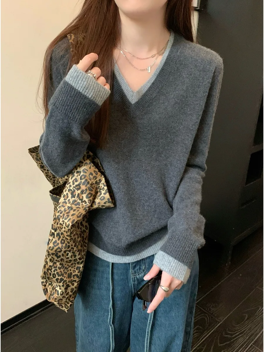 

Loose V-Ne Knitted Sweater Women's Base Layer Inner Wear Fake Two-Piece Long Sve oulder Relax Sle Korean Faion