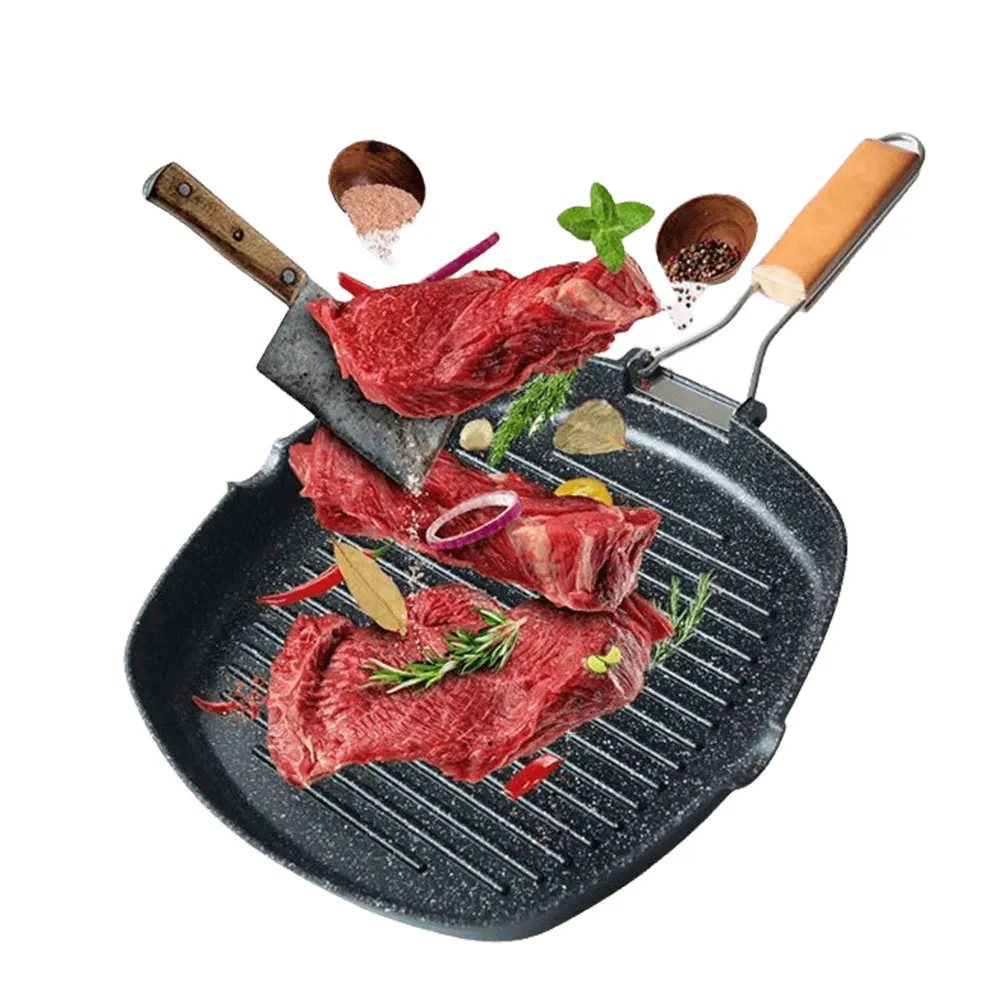 Nonstick Frying Pan Foldable Wooden Handle Steak Skillet Steak Frying Pan for Meat Fish and Vegetables