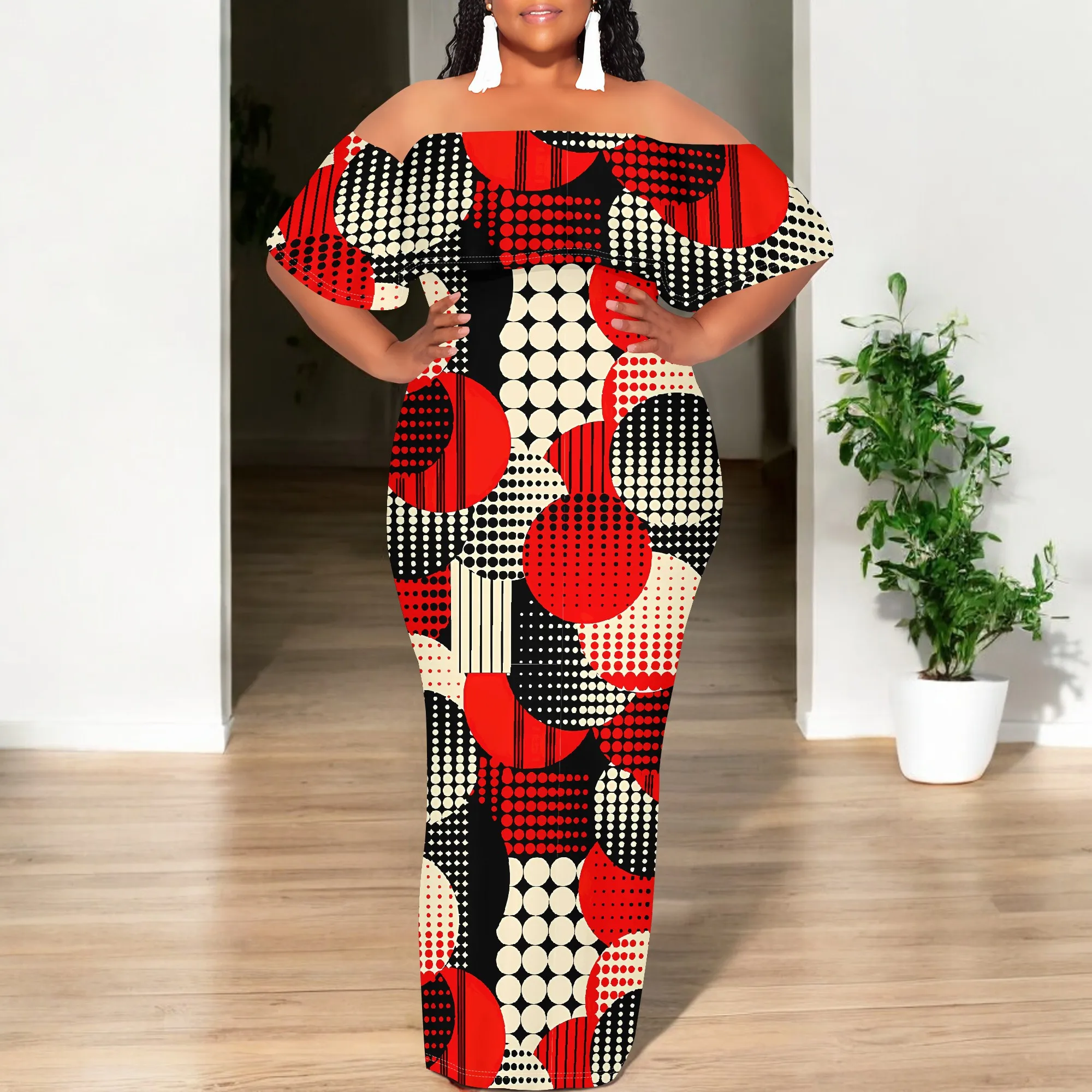 

Women's Tight Hips-Wrapped Geometric Off-Shoulder Ruffle Short Sleeve Dress Vibrant Cultural Party Casual Maxi Dress
