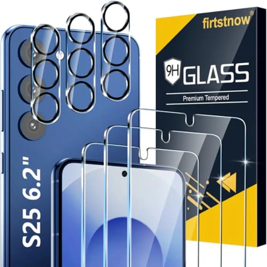 3 Pack for Samsung Galaxy S25 Screen Protector Tempered Glass + 3 Pack Camera Lens Protector, Military Grade Shatterproof, 9H H