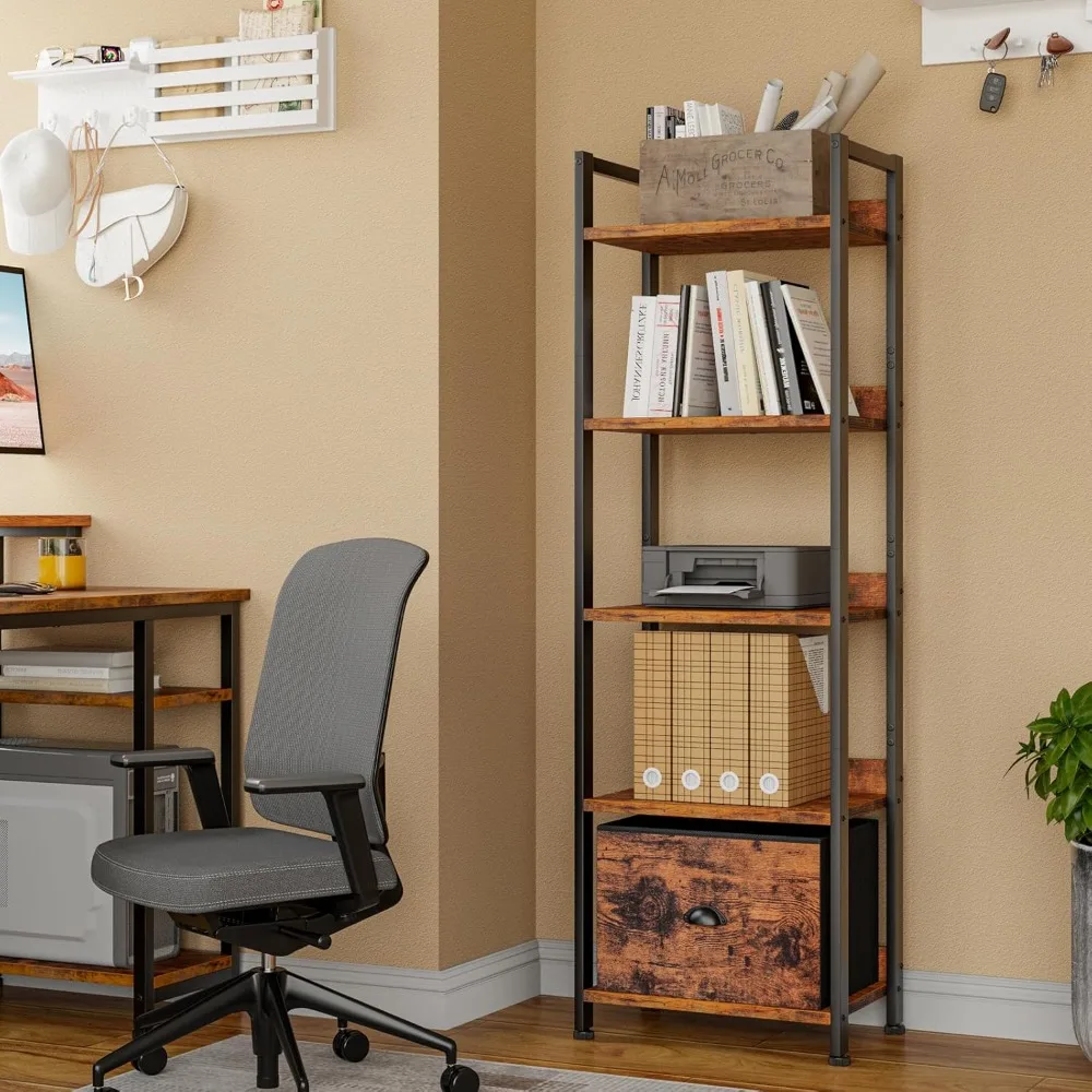 

5 tiers of bookshelves with drawers, wood and metal bookshelf storage organizers, industrial display vertical shelves