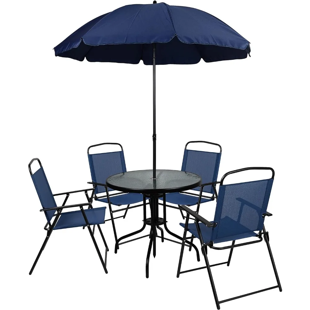 

Patio Furniture Sets, 6 Piece Patio Garden Table Set - Umbrella Table - Set of 4 Navy Folding Chairs Outdoor Furniture Sets