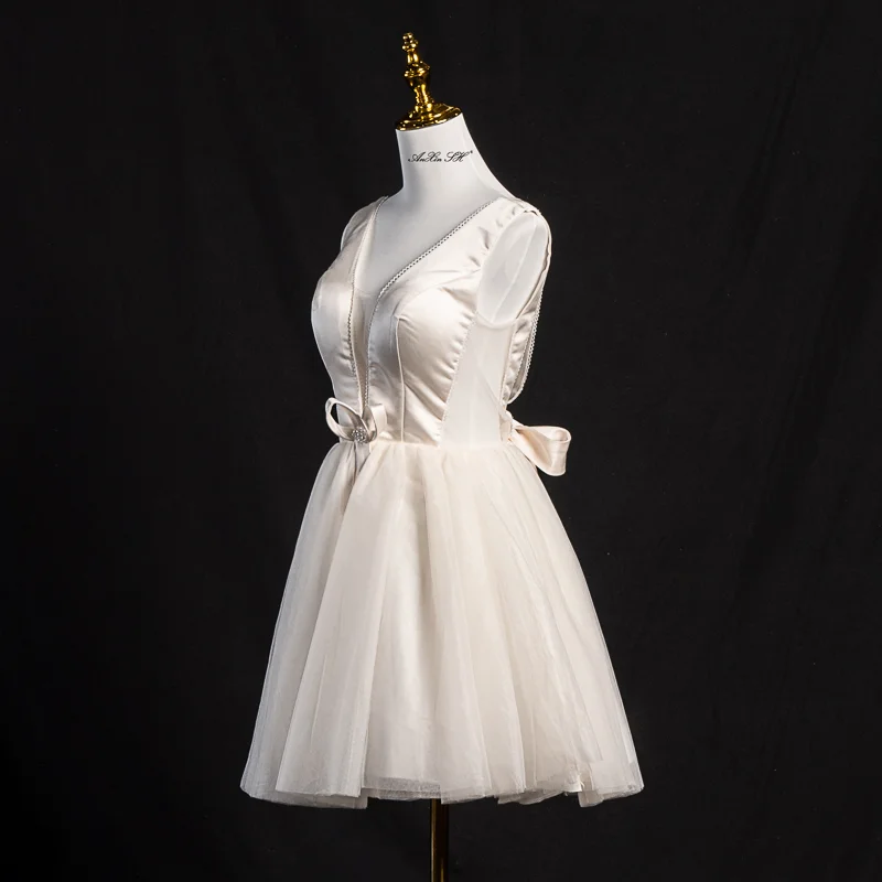 안신 숙녀님 샴페인 새틴 브이넥 레이스 비딩 진주 큰 리본 파티 맞춤 이브닝 드레스 작은 흰색 드레스