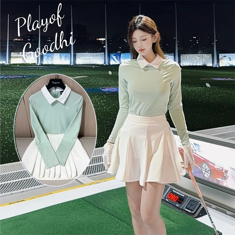 

PL Elegant Golf Clothing Women Long Sleeve Shirt Slim Quick Dry Polo Top Lady Ruffle Golf Skirt A-lined Tennis Skorts with Short