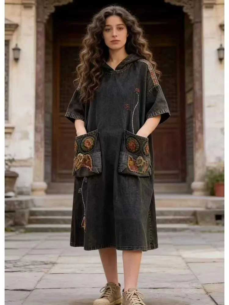 Amax LuluE Summer Vintage Loose Denim Dress Ladies 2026 Fashion Causal Embroidery Vestidos Womens British Classic Luxury Clothes
