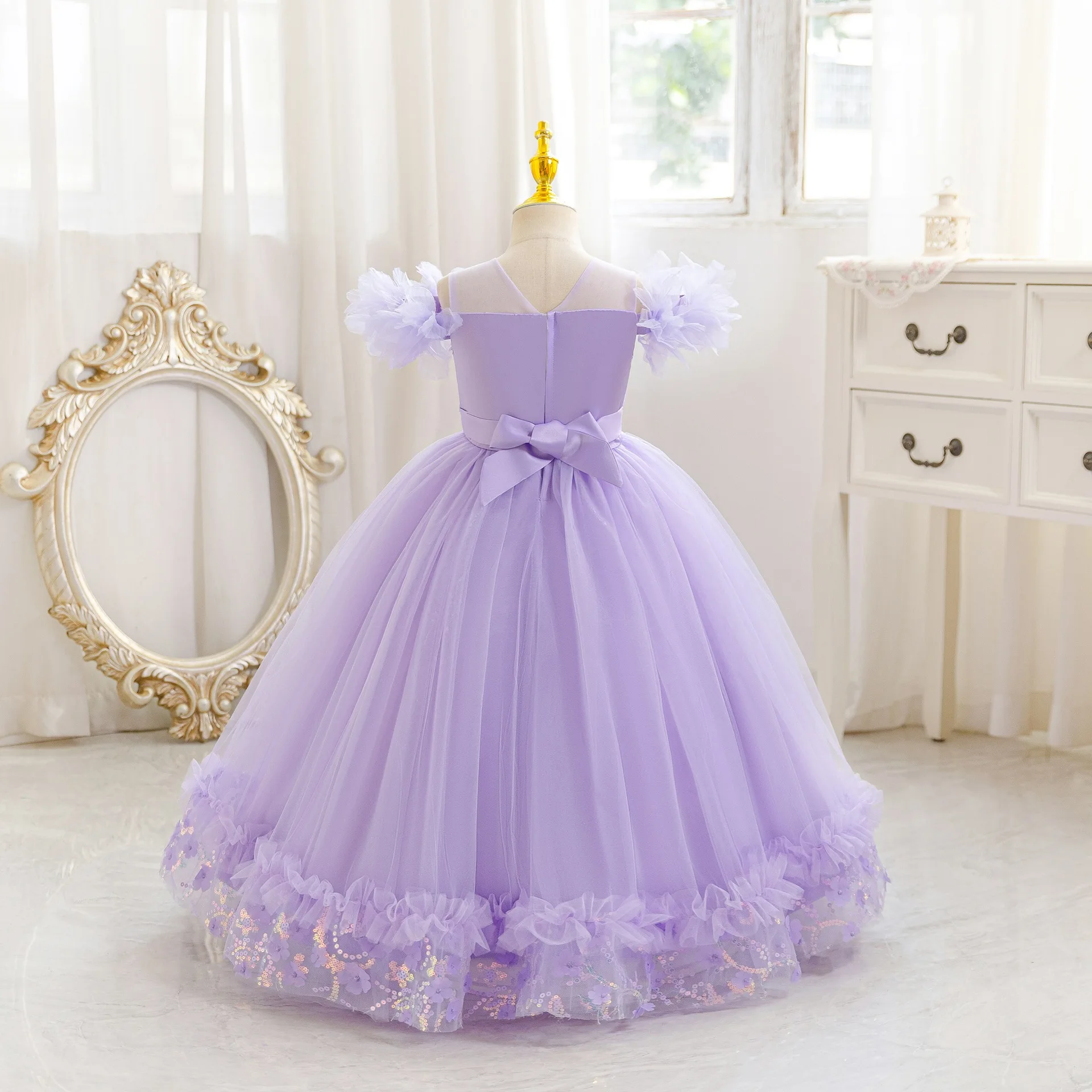 HETISO Children's Party Dress Petal Sequins Flower Kids Girls Long Mesh Wedding Summer Wedding Ball Gown 4-12 Years