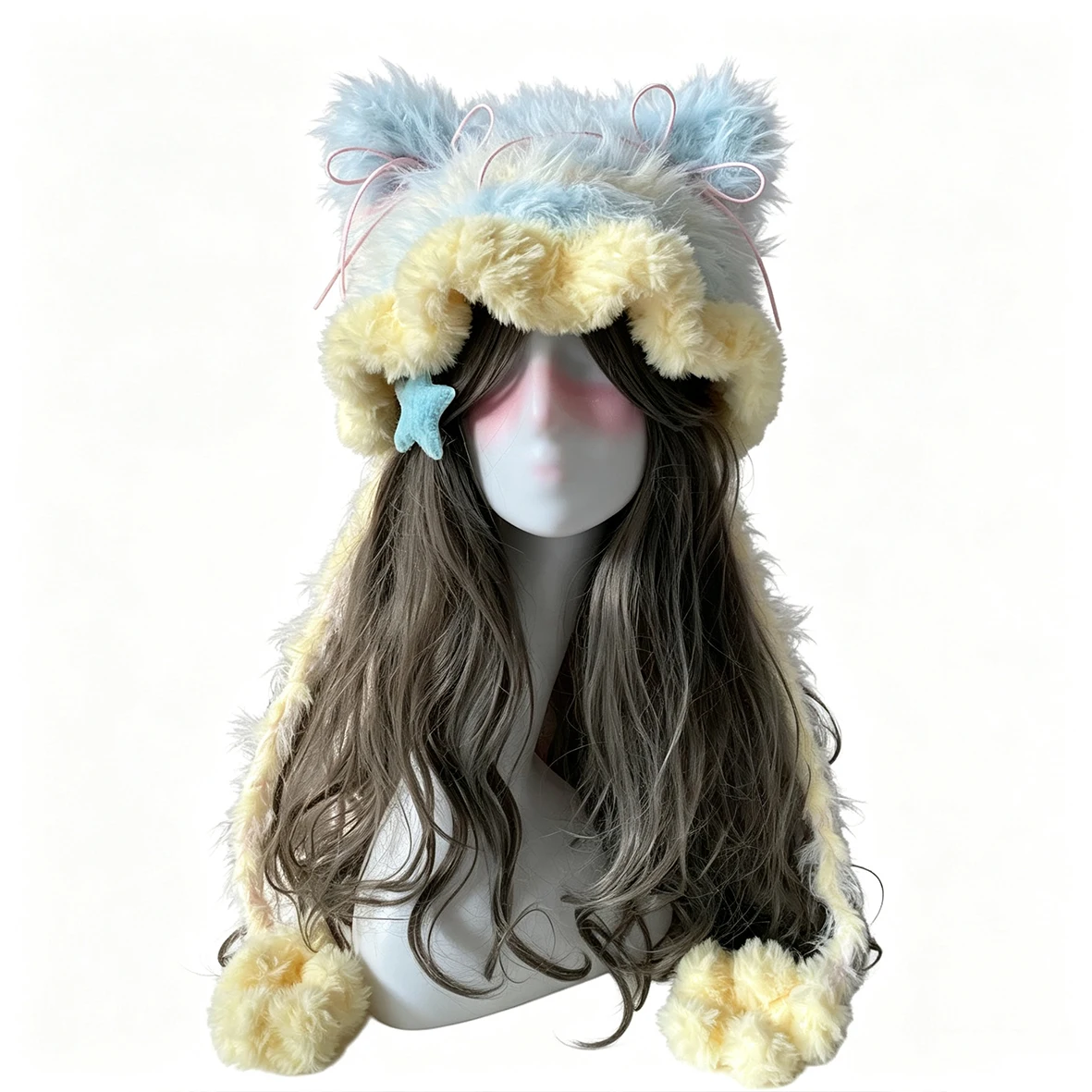 Handmade Crochet Blue Yellow Cat Ear Hat Women Sweet Bow Plush Winter Warm Knit Beanie Girls Fairy Y2K Lolita Headwarmer Custom