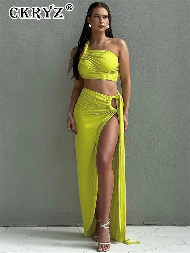 Ladies Spring 2 Pieces Sleeveless Backless Strap Spit Crop Top Side Slit Slim Fit Maxi Skirt Set Women Evening Party Clubwear