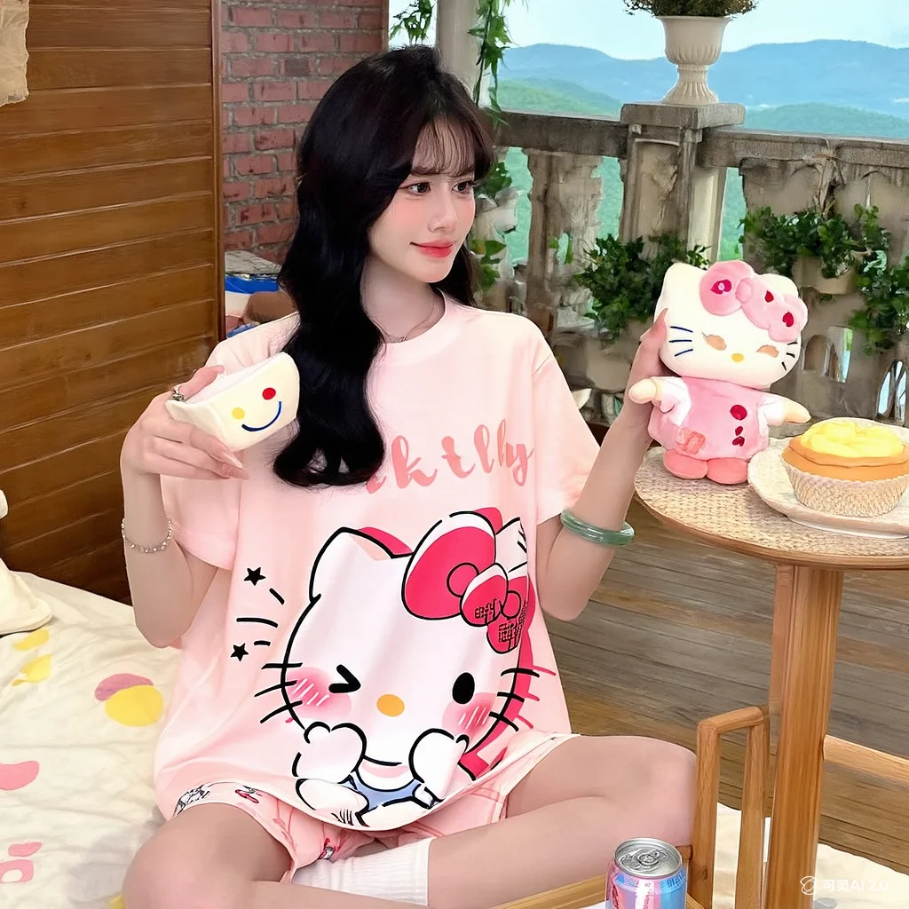 

Sanrio Love с короткими рукавами, милые свежие летние милые шорты Hello Kittys, студенческие, удобный комплект для сна, Kawaii Girl, новинка