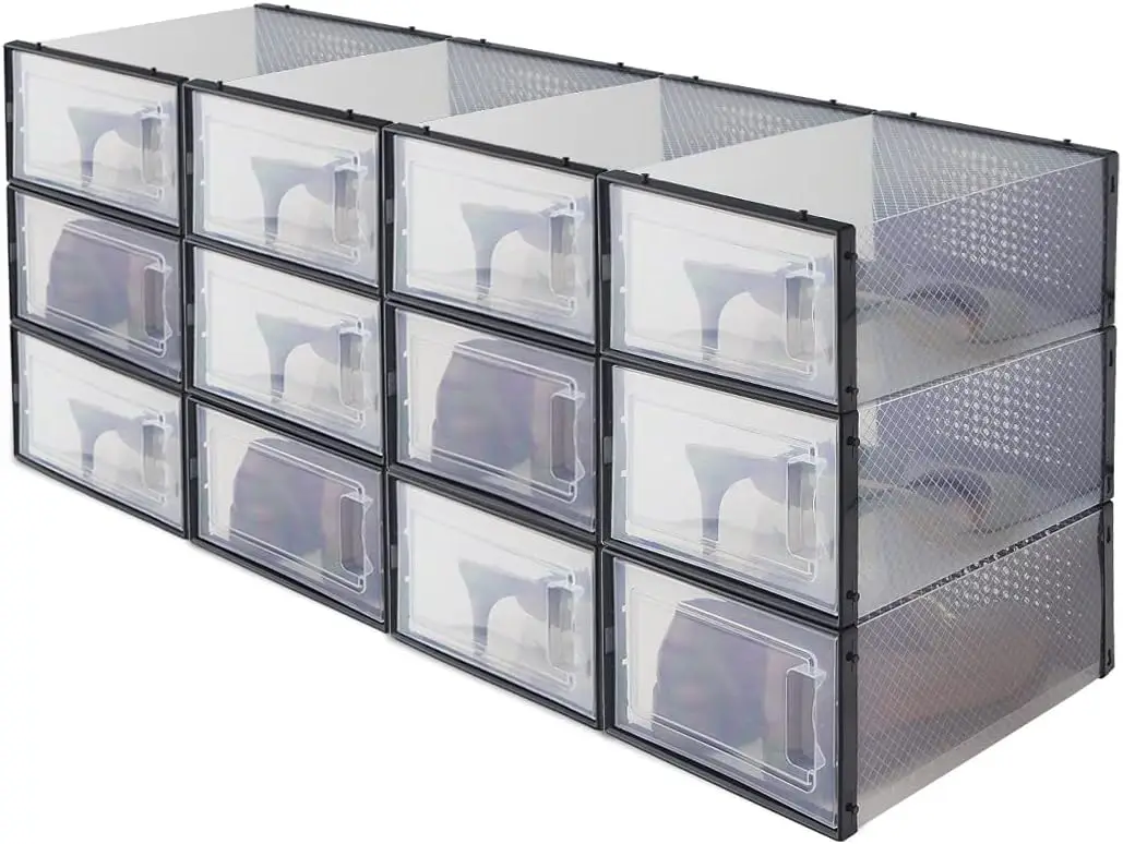 

INNOVATIVE Shoe Organizer Plastic Bins Clear Stackable Shoe Boxes Shoe and Sneaker Pack of 12 (Transparent Black) Shoe boxes