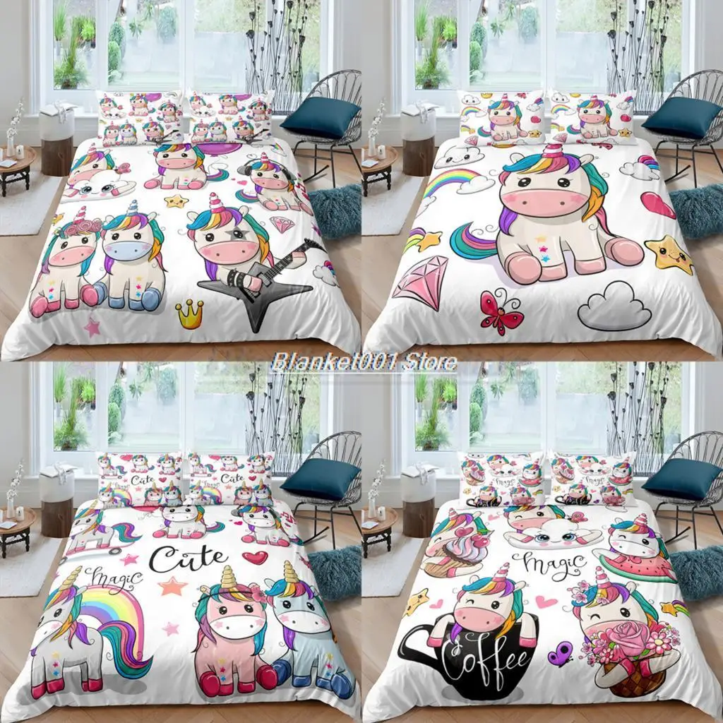 

Home Textiles Luxury 3D Cartoon Unicorn Duvet Cover Set Pillowcase Kids Bedding Set AU/EU/UK/US Queen and King Size Bedding