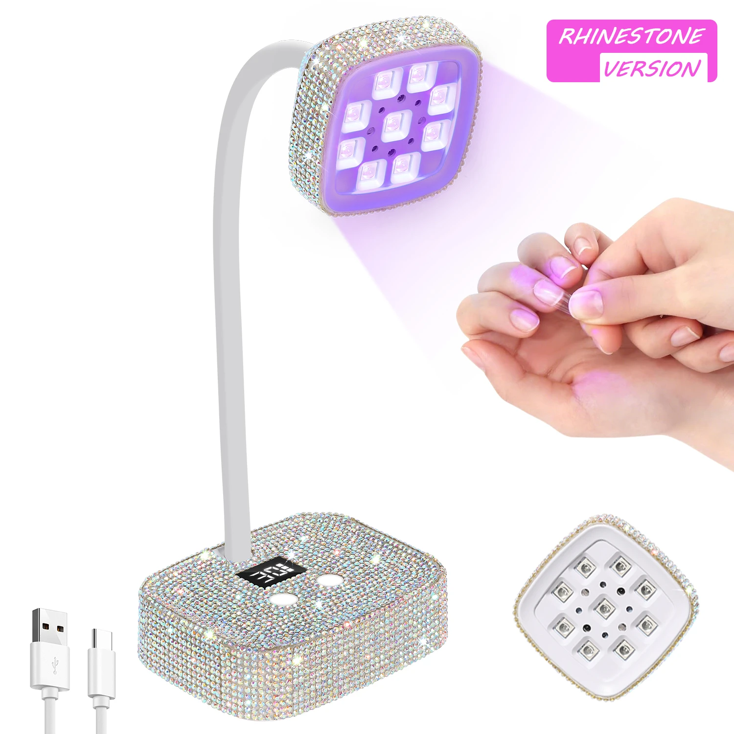 

DianaBeauty Rechargeable Nail Lamp LED UV Nail Dryer with Silver Rhinestone and Auto Sensor Fast Drying UV Table Lamp for Nails