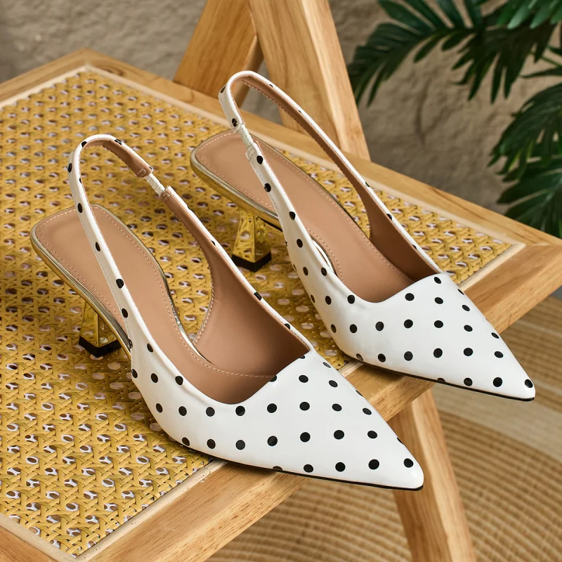

European and American style pointed-toe single shoes with thin heels, polka dot fabric, pointed toe, back strap, high-heeled,