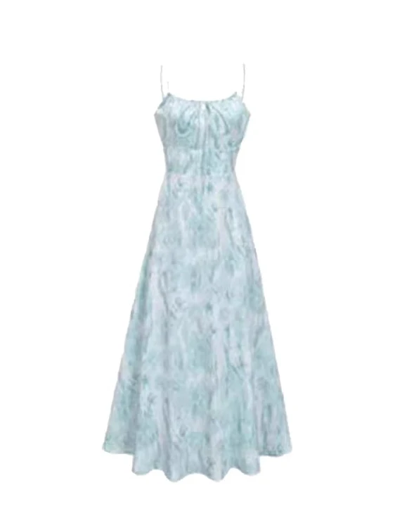 Sweet Blue Floral Print Strapl Dr Women's Summer New Sle Slimming Waist High Waist A-Line Long Dr Korean Sle