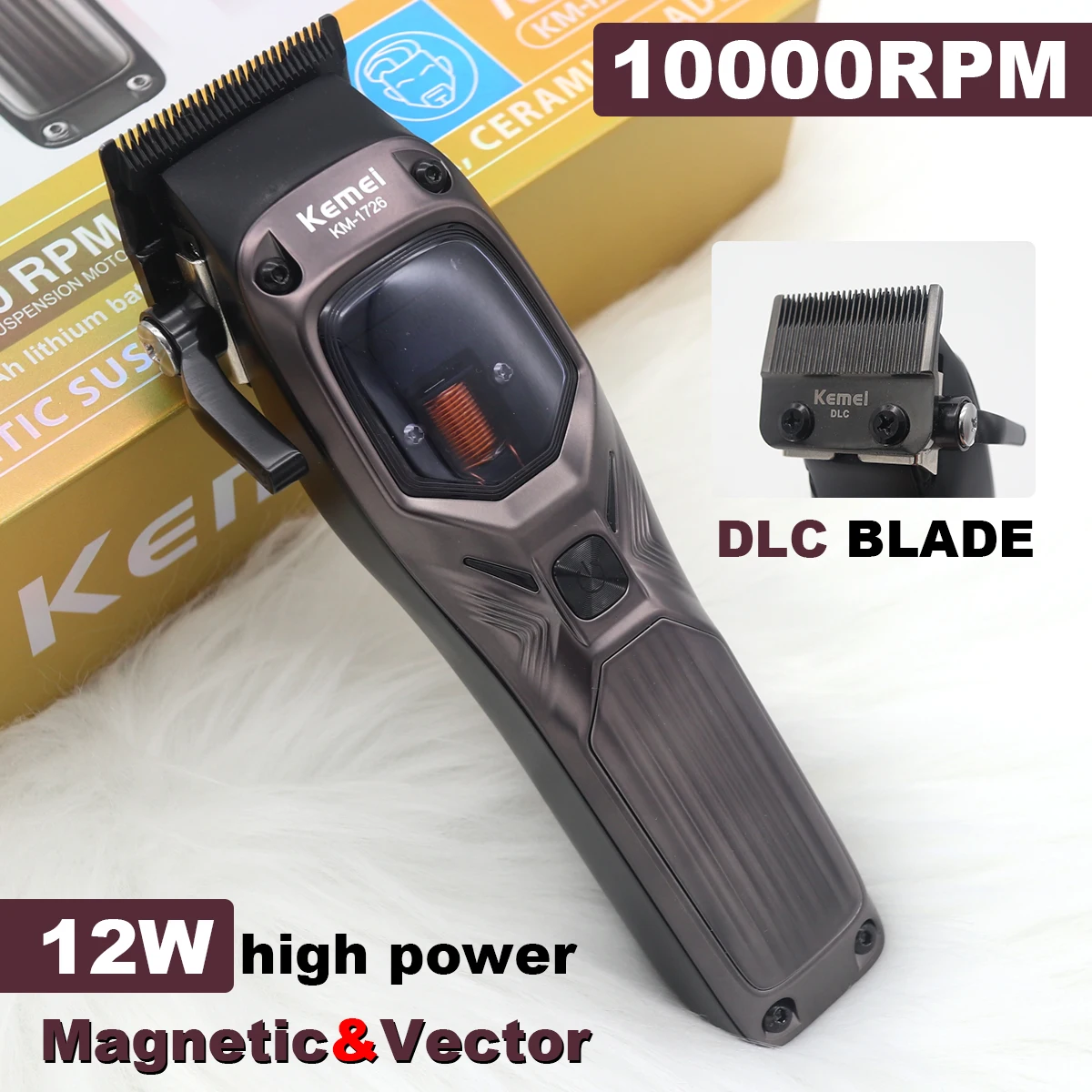 

KEMEI KM-1726 Hair Clipper Professional DLC Blade 10000RPM Magnetic Vector Motor Barber Machines Cordless Hair Clipper