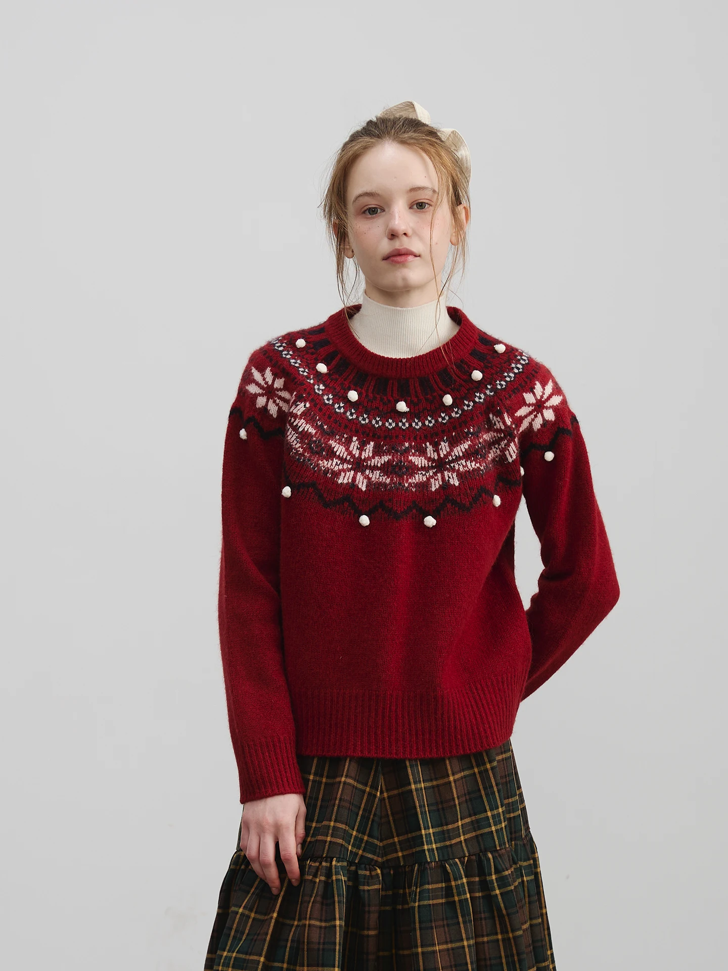 

Свитер Willbewell Anne's Thoughts винтажного винно-красного цвета с узором Fair Isle, с круглым вырезом на плечах, свободного кроя, женский, с длинными рукавами.