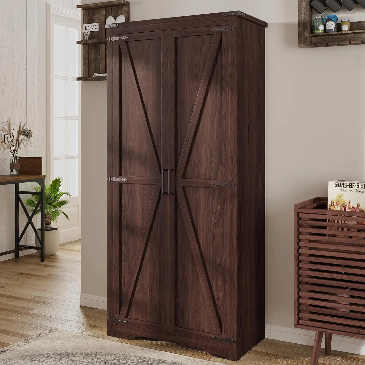 Farmhouse Storage Cabinet with Adjustable Shelves & 2 Barn Doors, Tall Freestanding Pantry for Kitchen Bathroom Garage Basement
