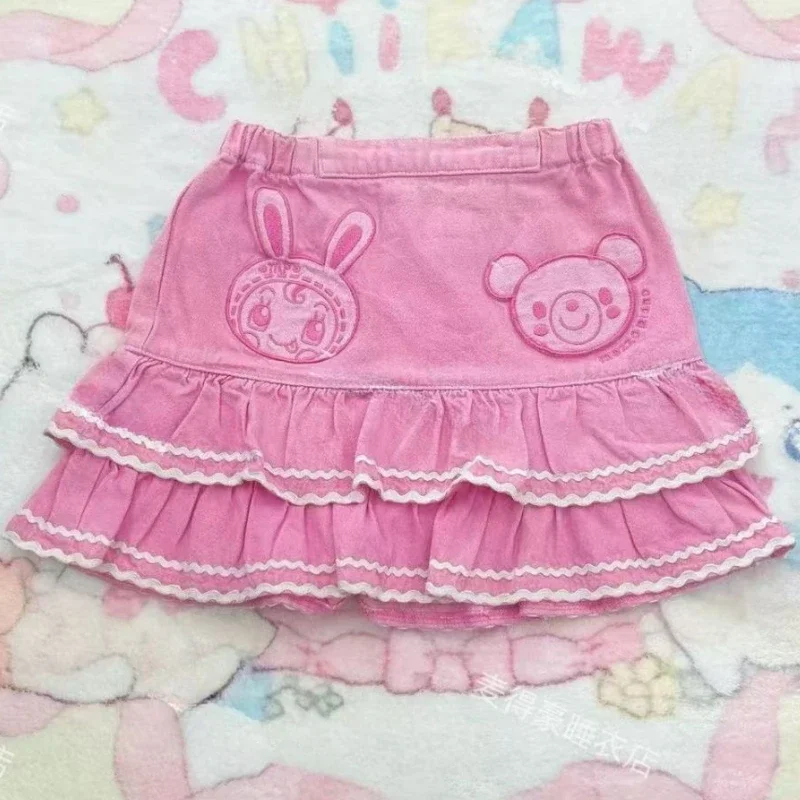 Faldas plisadas rosas Kawaii estilo Lolita, moda japonesa para Mujer, minifaldas con bordado de conejito de dibujos animados, Faldas Y2k para Mujer