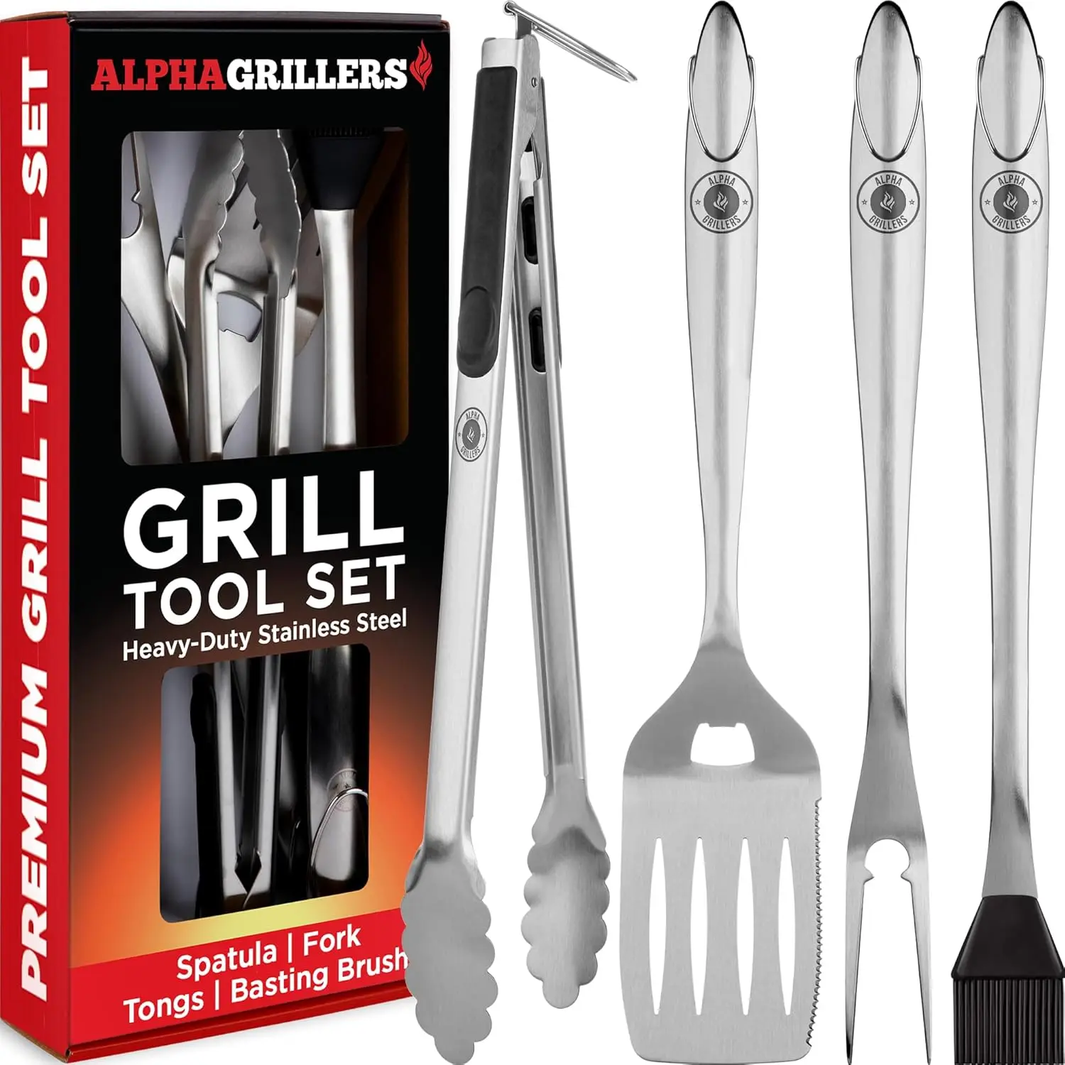 Alpha Grillers Grill Set Heavy Duty BBQ Accessories-BBQ Gifts Tool Set 4pc Grill Accessories with Spatula,Fork Brush & BBQ Tongs