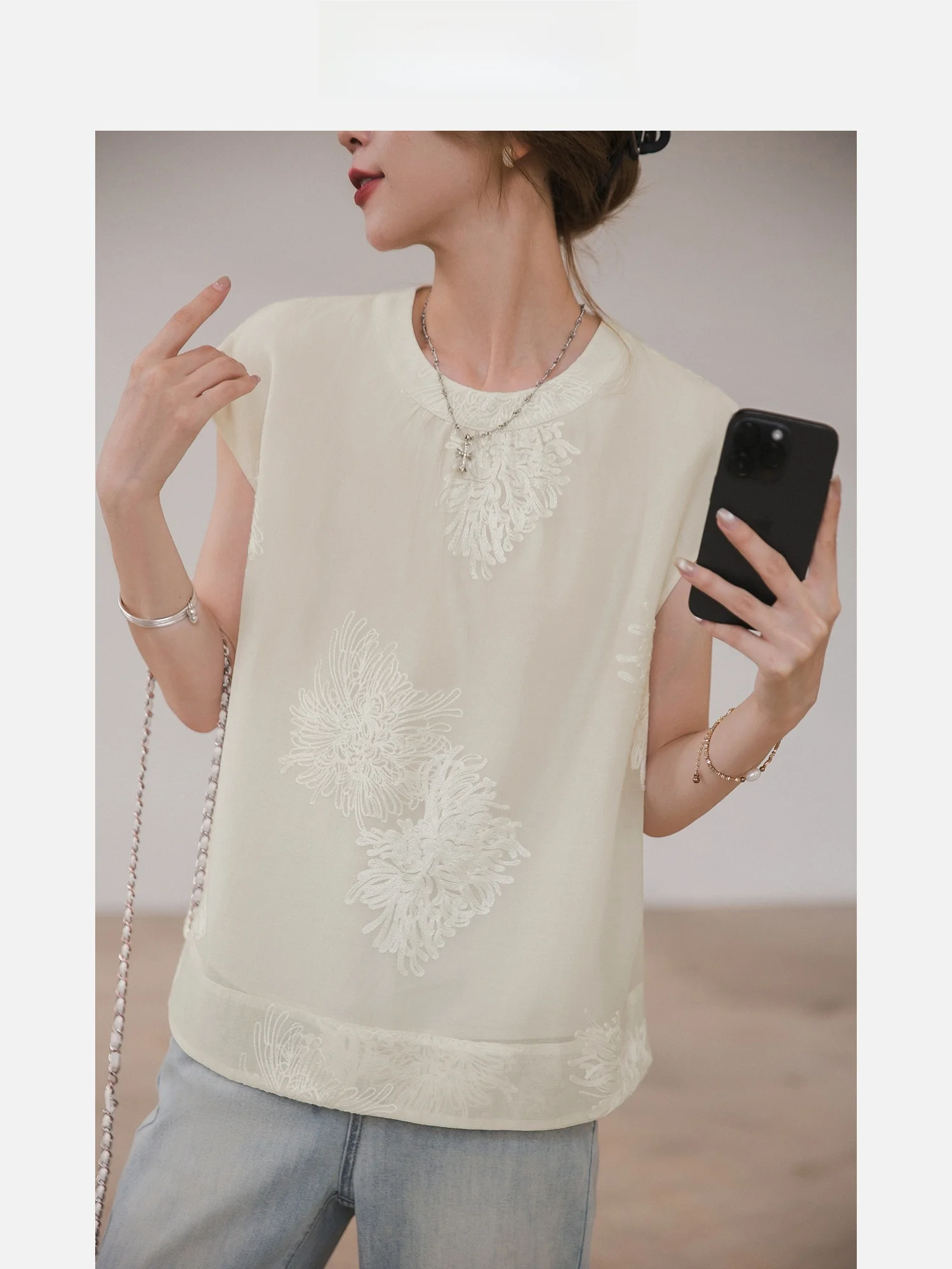 

Новая китайская женская летняя прямая тонкая блузка с вышивкой в стиле Cloud Embroidery, с коротким рукавом, малого размера