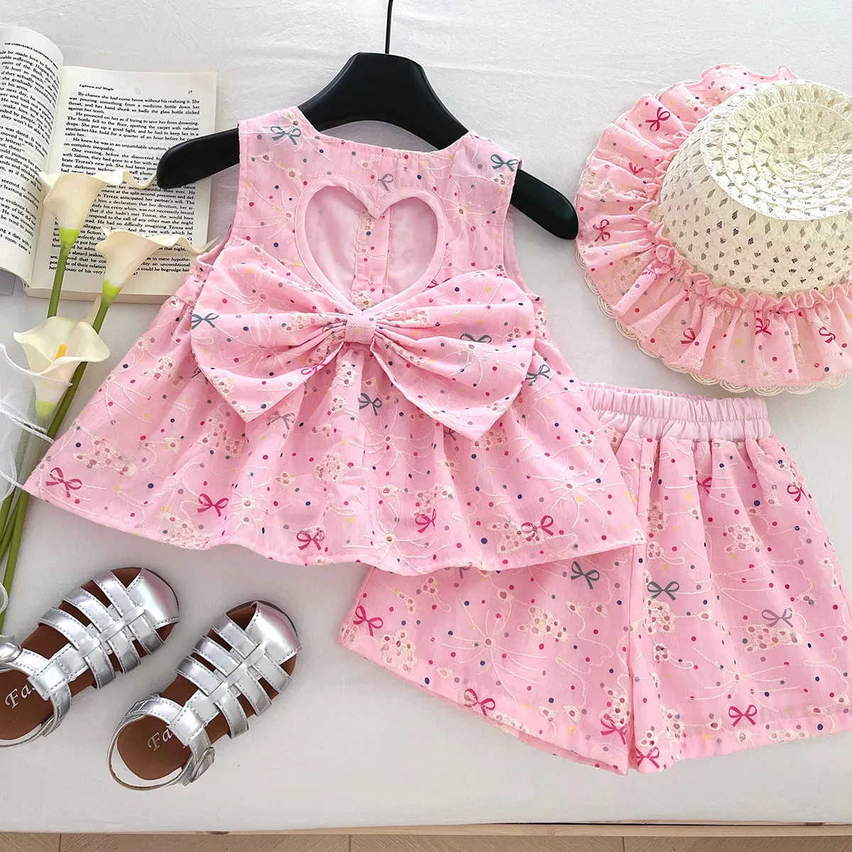 2026 Spring/Summer New Girl's Set Cute Bow Embroidered Sleeveless Top and Shorts Two Piece Set
