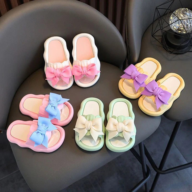 Children Slippers Girls Wearing Soft Soled Slippers Outside Cute Bow Anti Slip Bathroom Slippers Contrast Color Kid Slippers