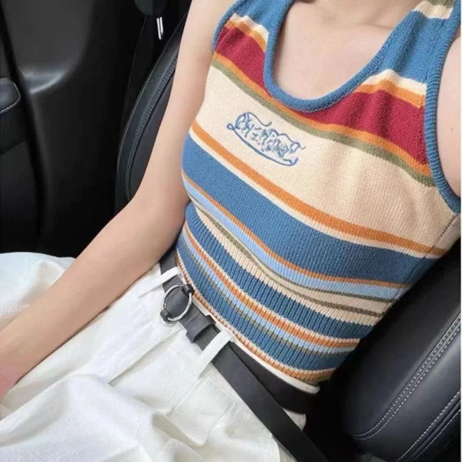 

Summer Short Neck Slim Fit Knitted Vest Colorful Stripes Camisole Top Versatile Inner Wear Outer Wear Knitwear