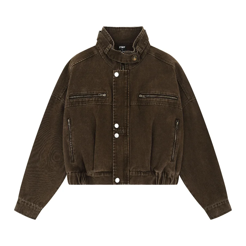 

American Retro Short Jackets Hot Girls Coats Autumn New Coffee Tops Khaki Pocket Button Zipper Fashion Clothing Stand-up Collar