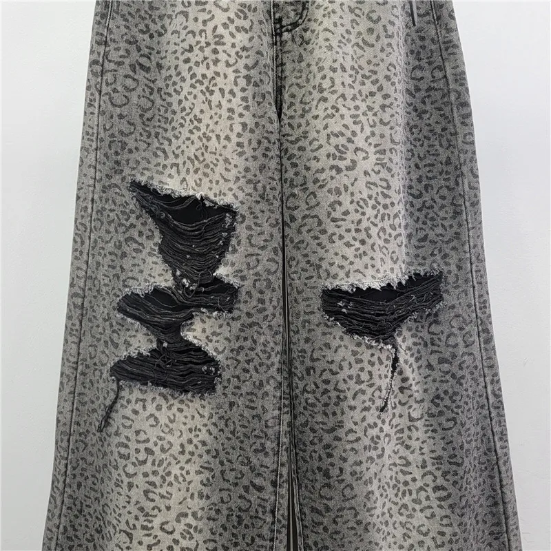 ANJY Primavera Autunno Nuove Donne Alla Moda Della Stampa Del Leopardo Strappato Gamba Larga Pantaloni di Jeans Chic High Street Allentato Versatile Marea Jeans A18233
