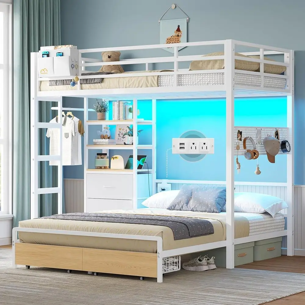 

Full-Size Twin Bunk Bed with Storage Drawers, Bookshelf, LED Lights, Charging Station, Safety Rails, and Ladder for Kids, Teens,