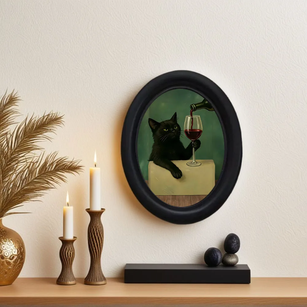 1 Piece of Wall Decoration Featuring a Slightly Tipsy Black Cat Drinking Red Wine, a Fun Framed Decorative Painting, Wooden Mini Hanging Painting, a Lazy Black Cat Sipping Red Wine, Unique Home and Kitchen Decor, a Fun Gift, a Must-Have for Cat Lovers view 2