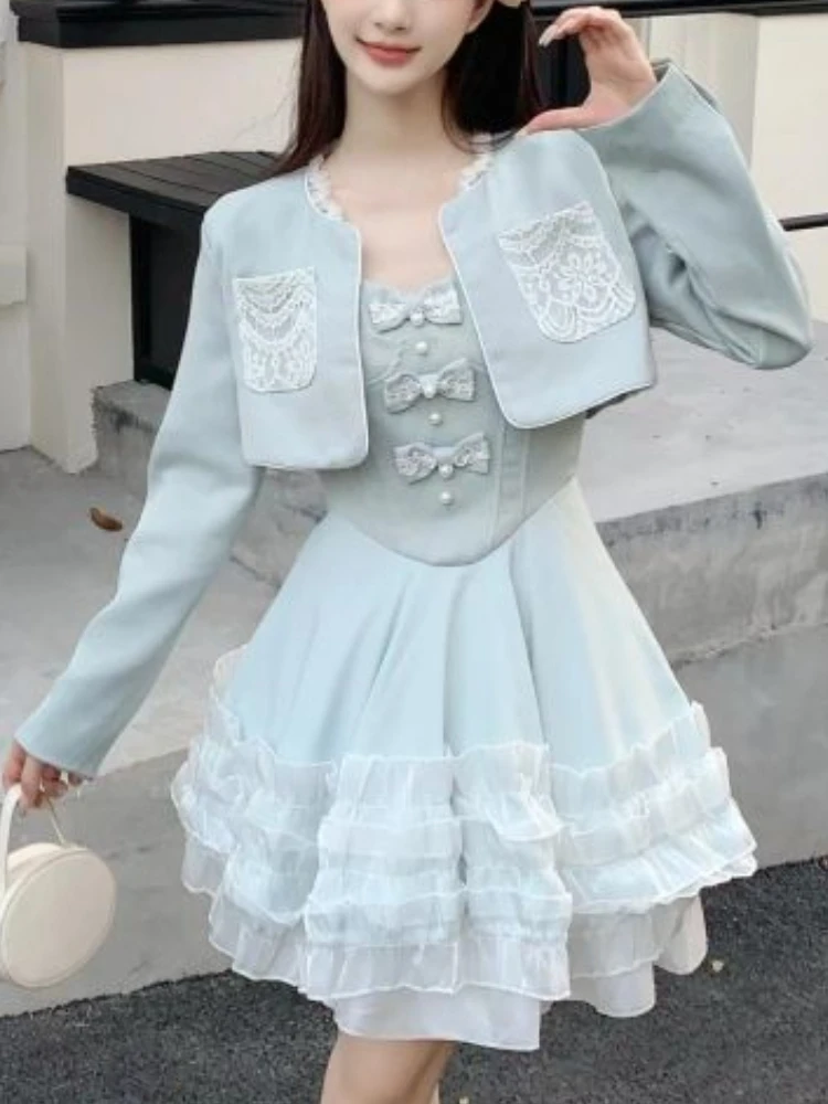 Autumn Sweet Fairy Thin Two Piece Set Women Elegant Solid Short Coat Female Design Chic Slim Bow Patchwork Dress Suit New 2024