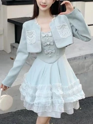 Autumn Sweet Fairy Thin Two Piece Set Women Elegant Solid Short Coat Female Design Chic Slim Bow Patchwork Dress Suit New 2024