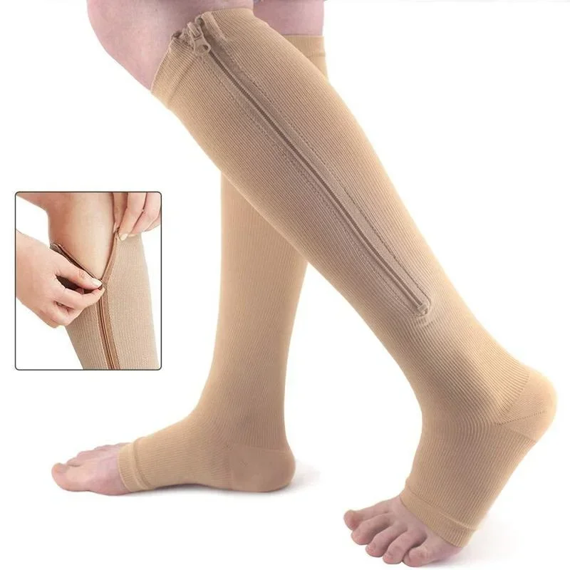 New Compression Zipper Socks Stretch Leg Support Unisex Open Toe Over The Knee Stockings