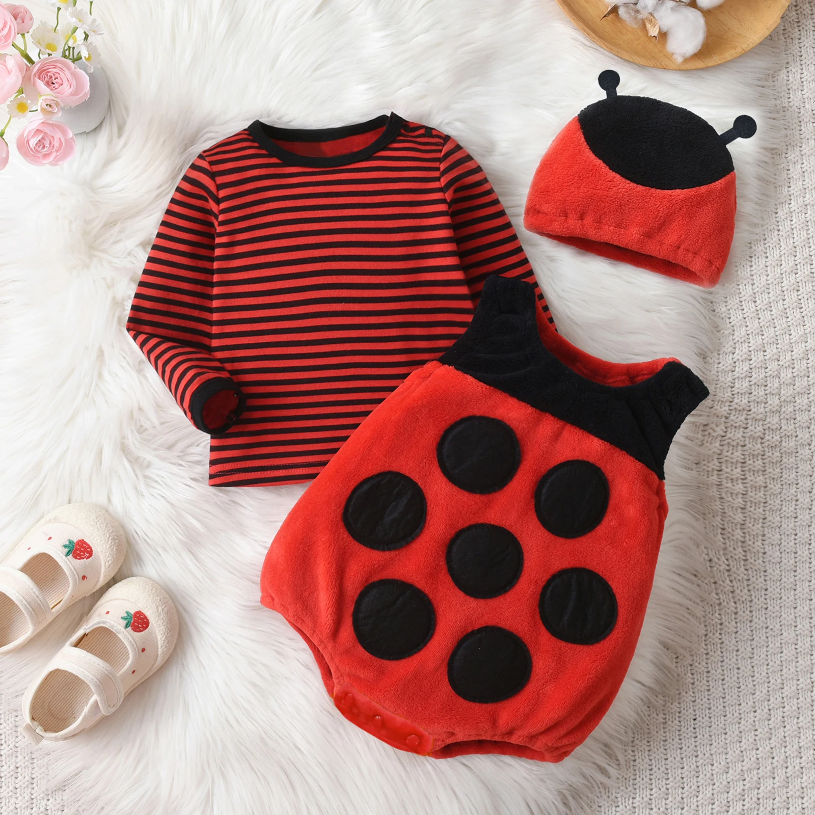 Tregren Infant Baby Ladybug Costume, Long Sleeve Striped T-shirt with Romper and Hat Halloween Clothes for Toddler Girls Boys