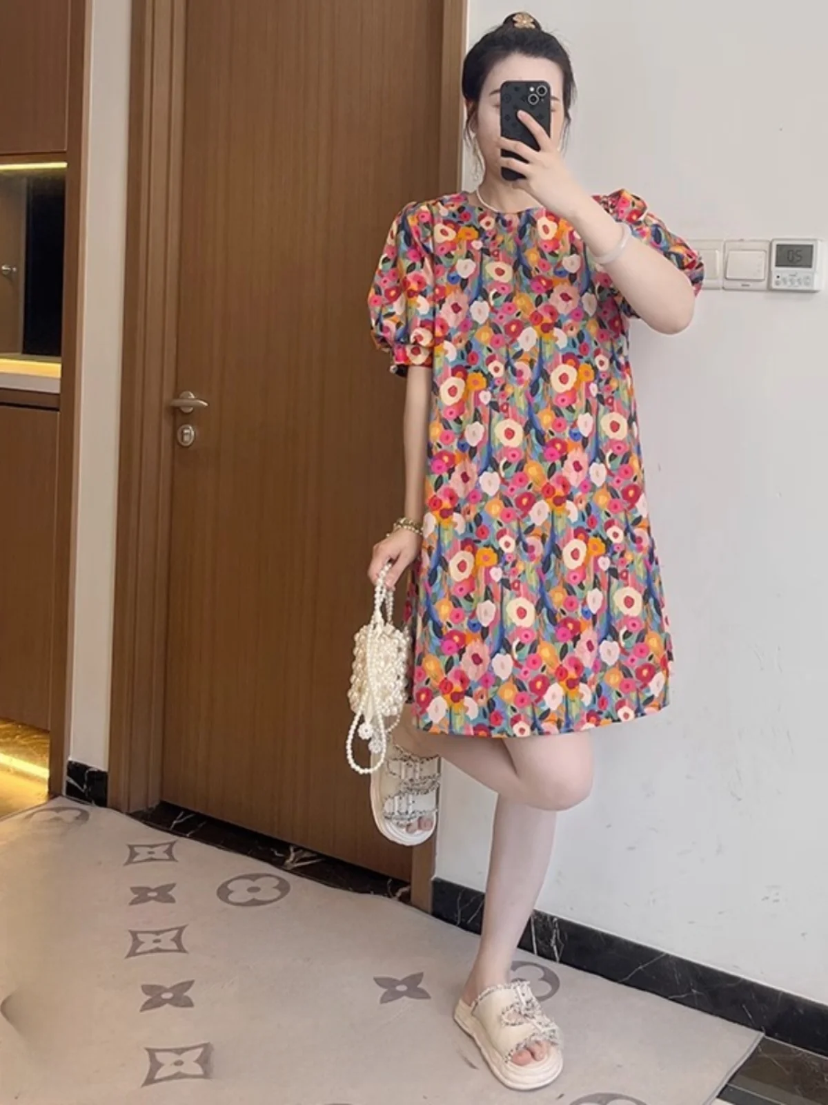 Floral Print A-Line Dr Women's round Ne Loose Slimming Lantern Sve Maxi Dr plus Size Summer New Sle Commute