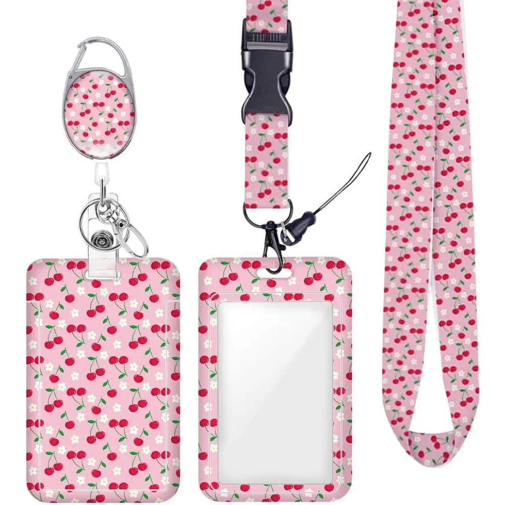 Vertical Pink Flower ID Badge Holder Reel with Heavy Duty Lanyard for Office Accessories