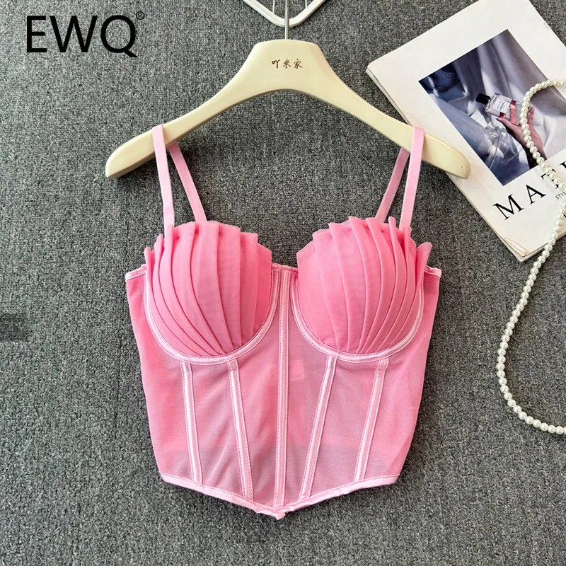 EWQ Fashion Bikini Sling Tops For Women Mesh Sleeveless Slim Backless Solid Color Tank Sexy 2024 Summer New Clothing 27C719