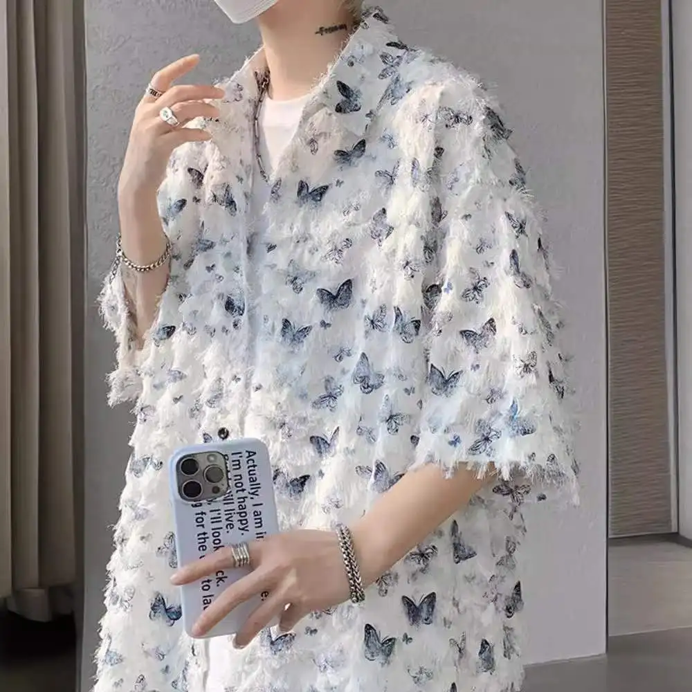 

Summer New Loose Casual Short Sleeve Shirt Men's Couple Tassel Flower Casual Loose Collar Half Sleeve Jacket