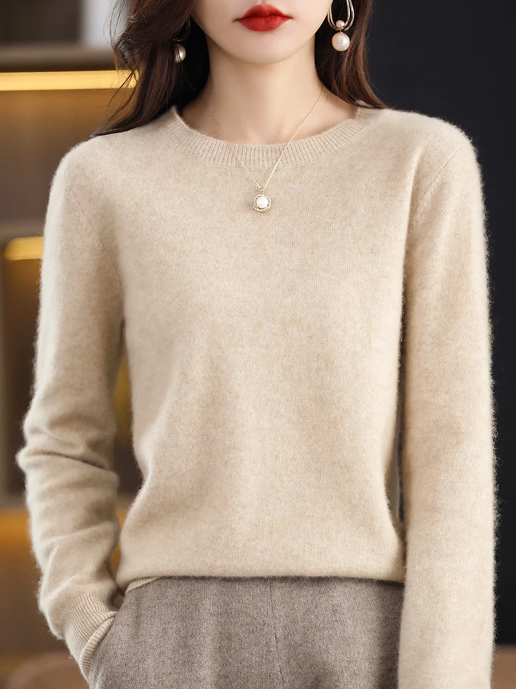 Women Autumn Winter Cashmere Sweater Soft Basic Bottom Pullover Round Neck Casual Simple 100% Cashmere Knitwear Clothing Tops